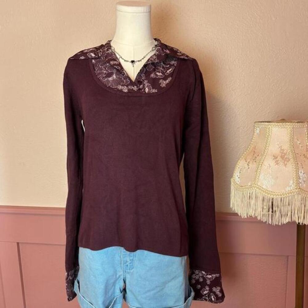 cottage long sleeve top floral collar cuffs hillard & Hanson plum purple large